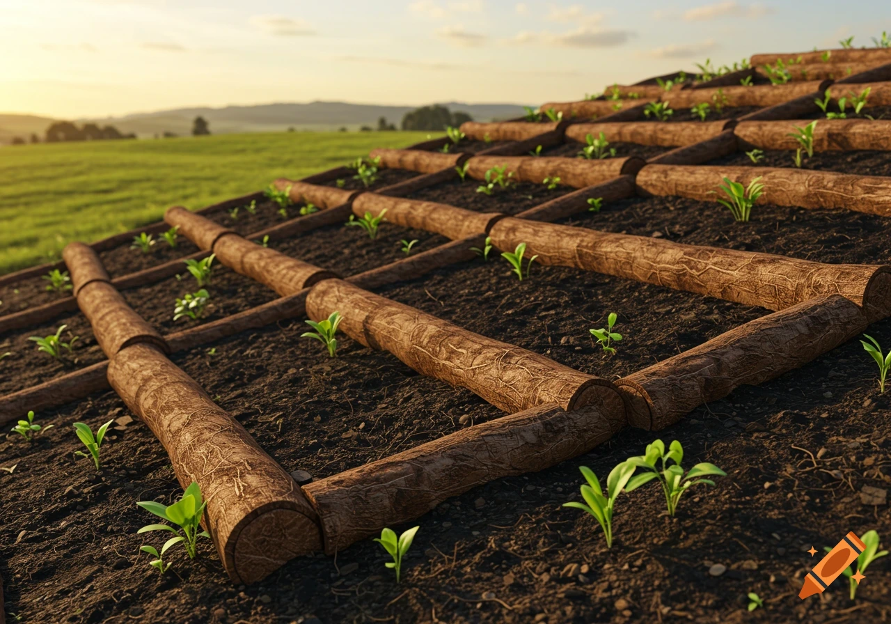 Terraced slope with rows of coconut coir logs and young green plants in dark soil under a sunrise sky.