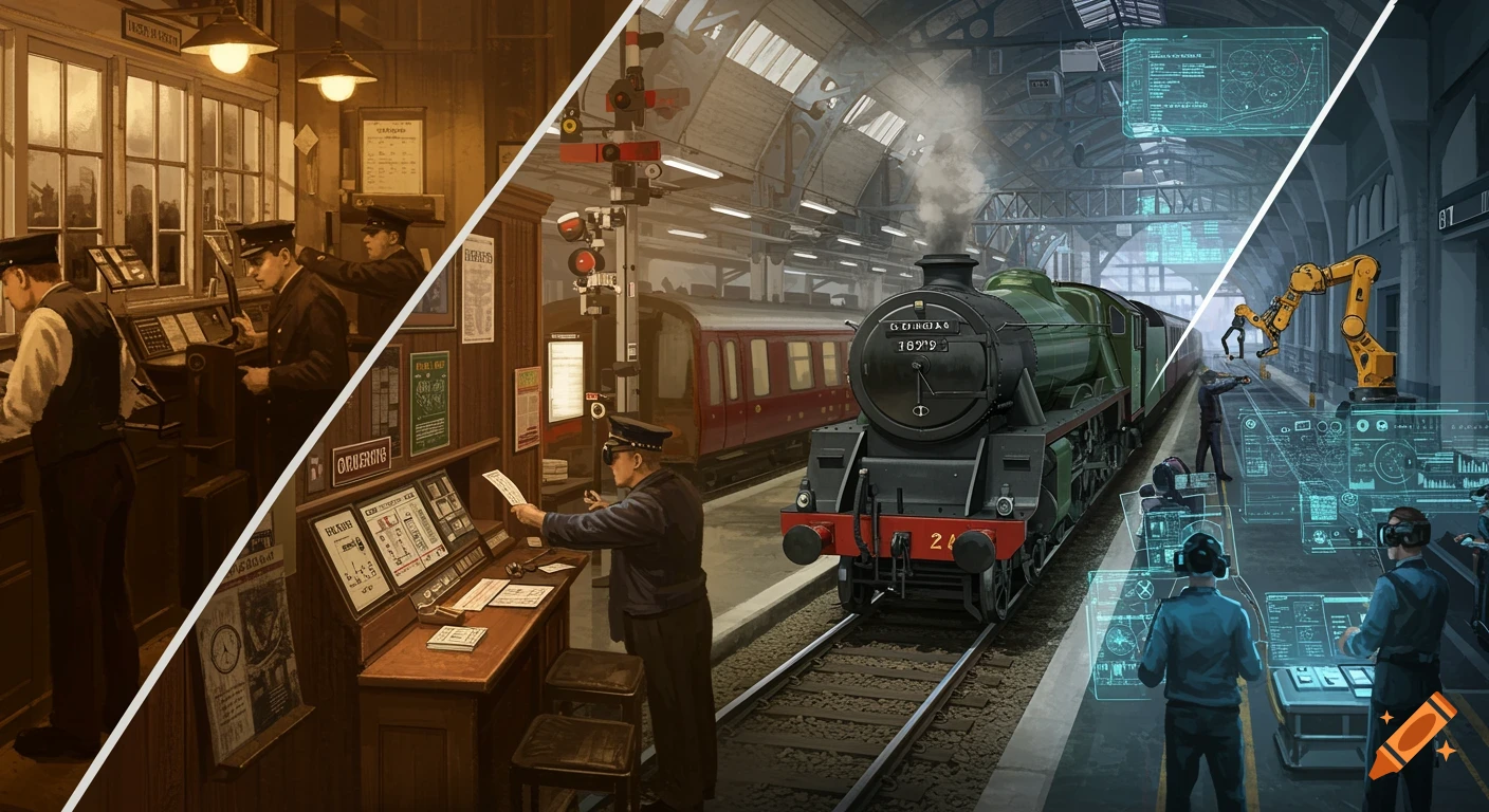 Side-by-side comparison of a vintage railway signal box with operators and a modern train station with AI-controlled operations.