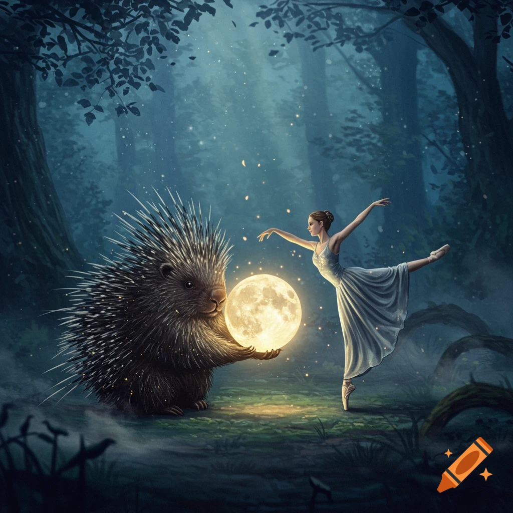 A cute porcupine holds a glowing moon orb while a ballerina dances on one toe in an enchanted forest.