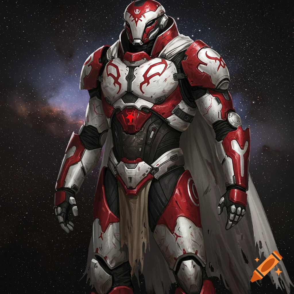 A red and white battle-damaged armored space warrior with a tattered cape stands against a starry cosmic background.