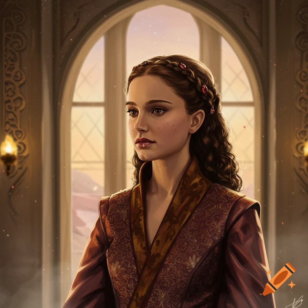 Digital painting of a woman resembling Padm Amidala, wearing a maroon and gold dress, standing in a regal room with arched windows.