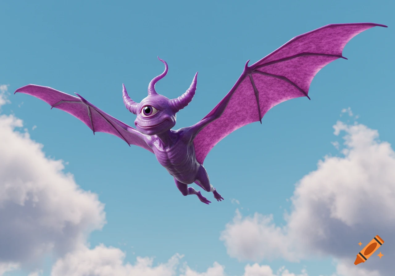 A purple one-eyed, one-horned creature with large wings flying against a blue sky with white clouds.