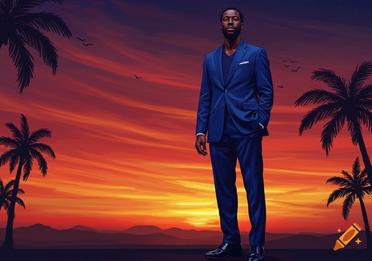 A Black man in a blue suit stands confidently against a vibrant orange and purple sunset with palm trees.