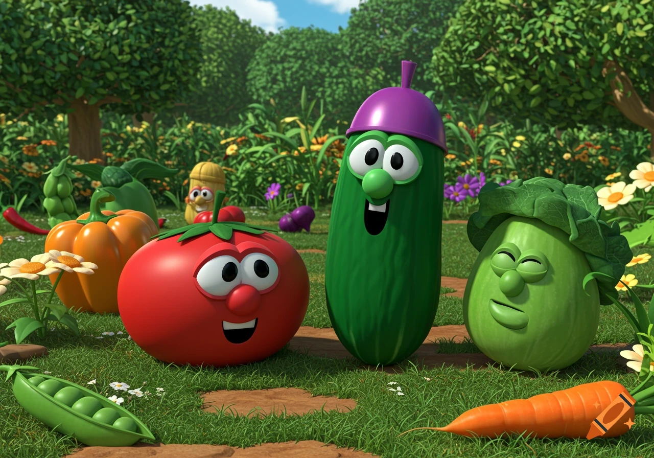 Anthropomorphic vegetable characters, including a red tomato and a green cucumber, smile in a vibrant 3D animated garden.