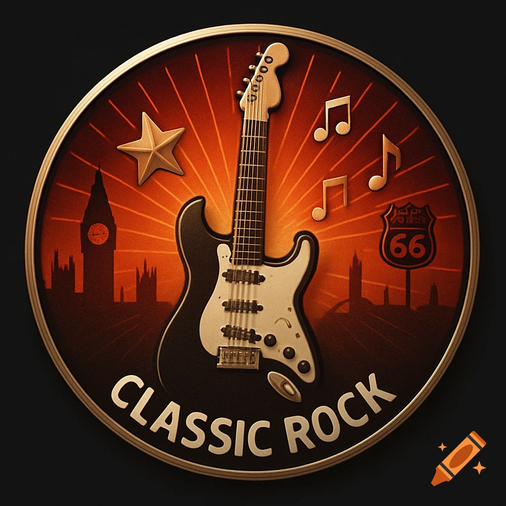 A circular icon featuring an electric guitar, musical notes, Big Ben, and a Route 66 sign, with the text 'CLASSIC ROCK' at the bottom.