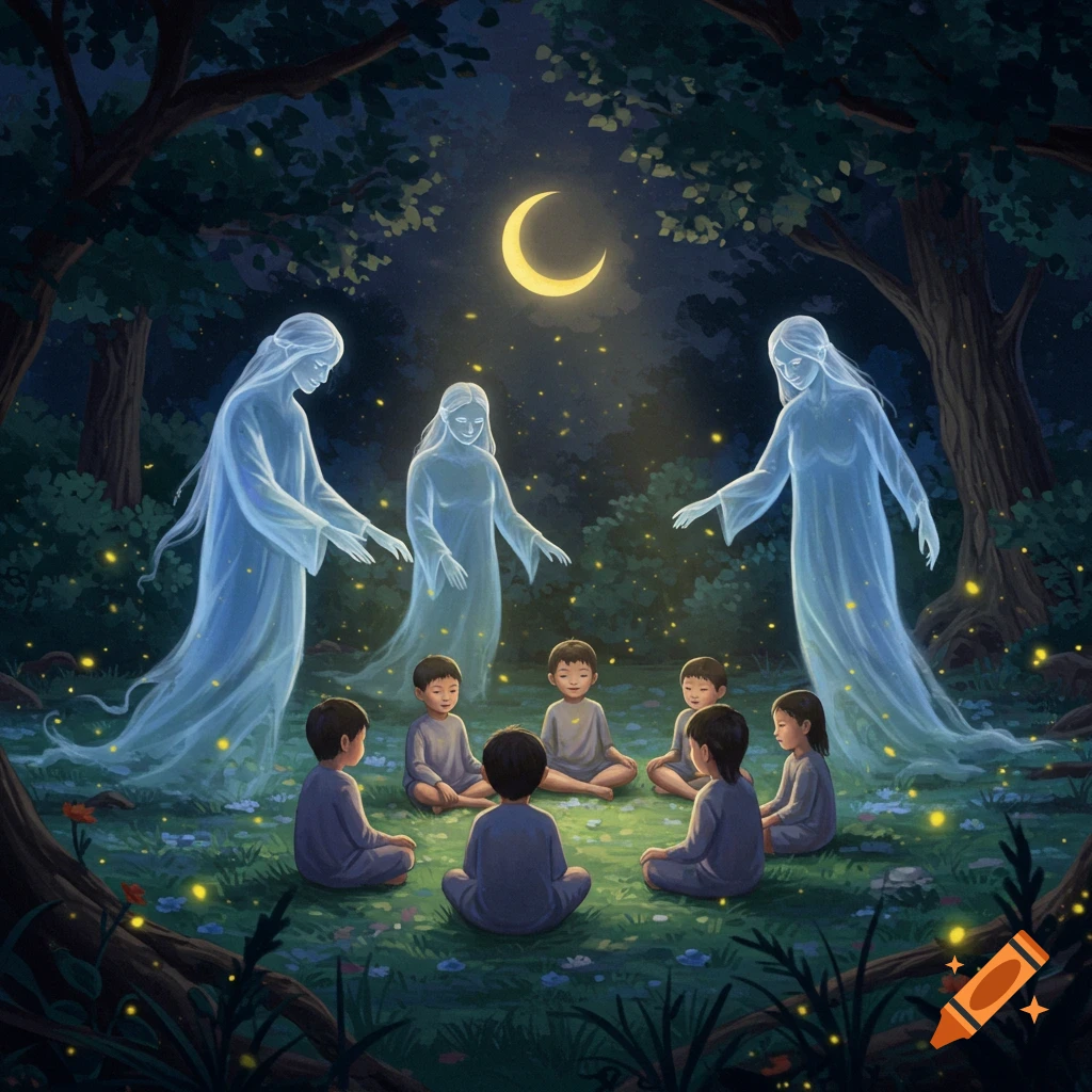 Ethereal women watch over children sitting in a circle in a mystical, moonlit forest with glowing light motes.