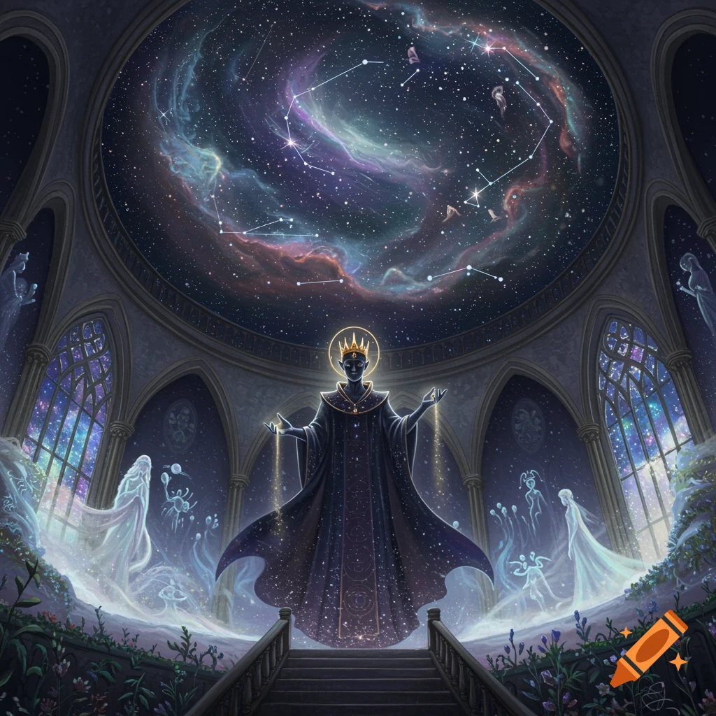A regal dark figure with a glowing crown stands in a grand hall under a cosmic dome. Ethereal figures float in the mist.