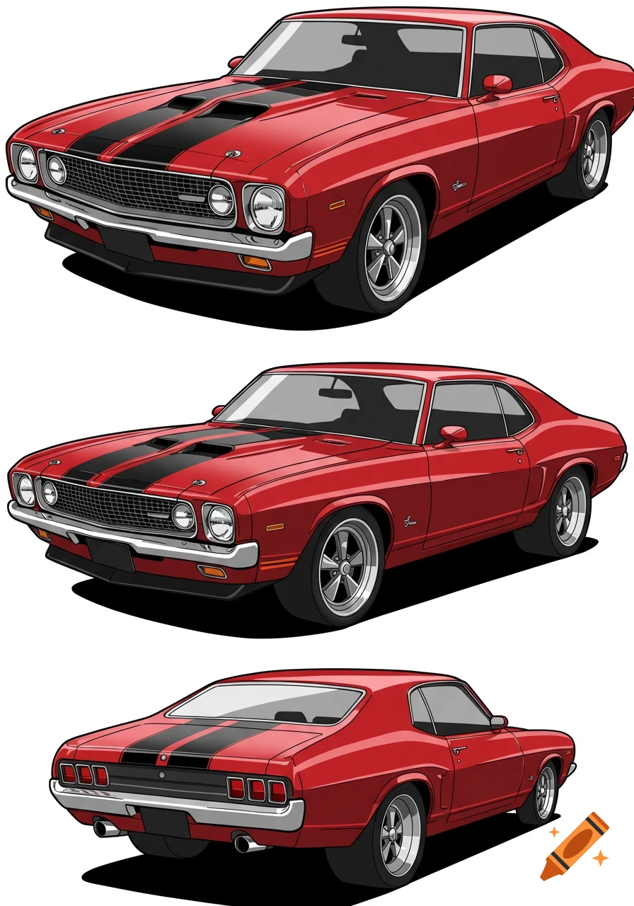 Three vector illustrations of a red vintage American muscle car with black stripes from different angles on a white background.