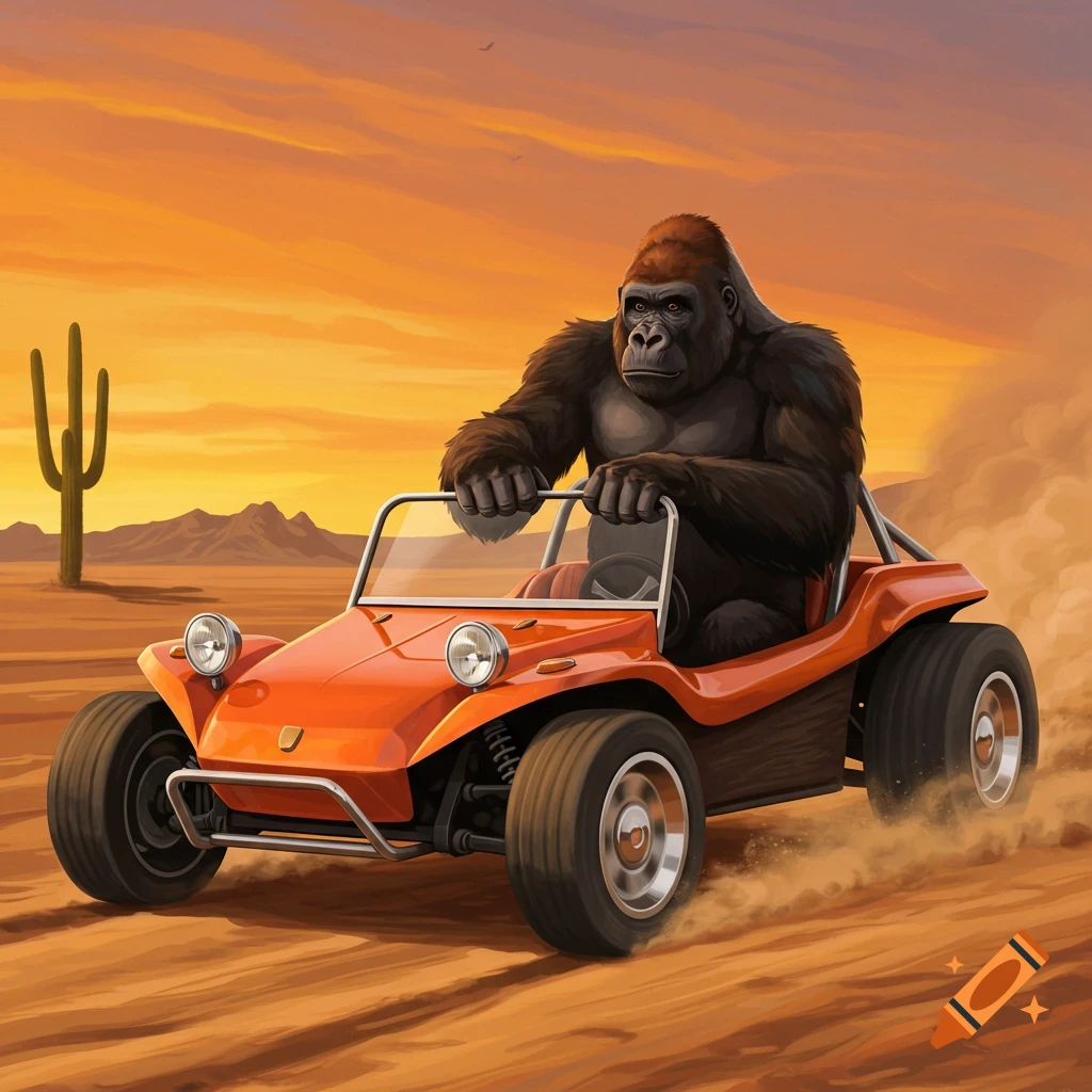 An illustrative gorilla drives an orange dune buggy through a sandy desert at sunset, with a lone cactus and mountains in the background.