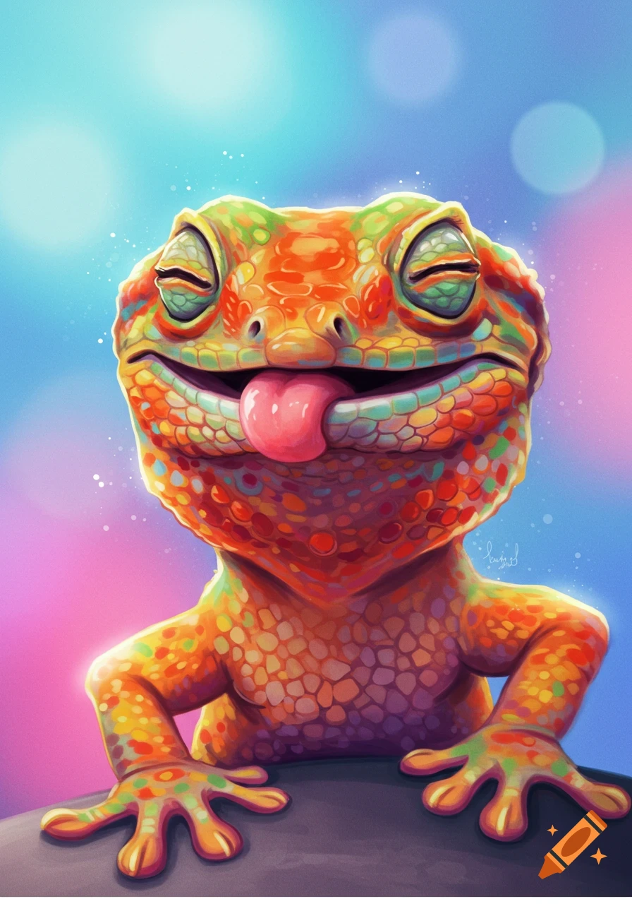 A colorful, smiling gecko with closed eyes sticks its tongue out against a vibrant, blurry background.