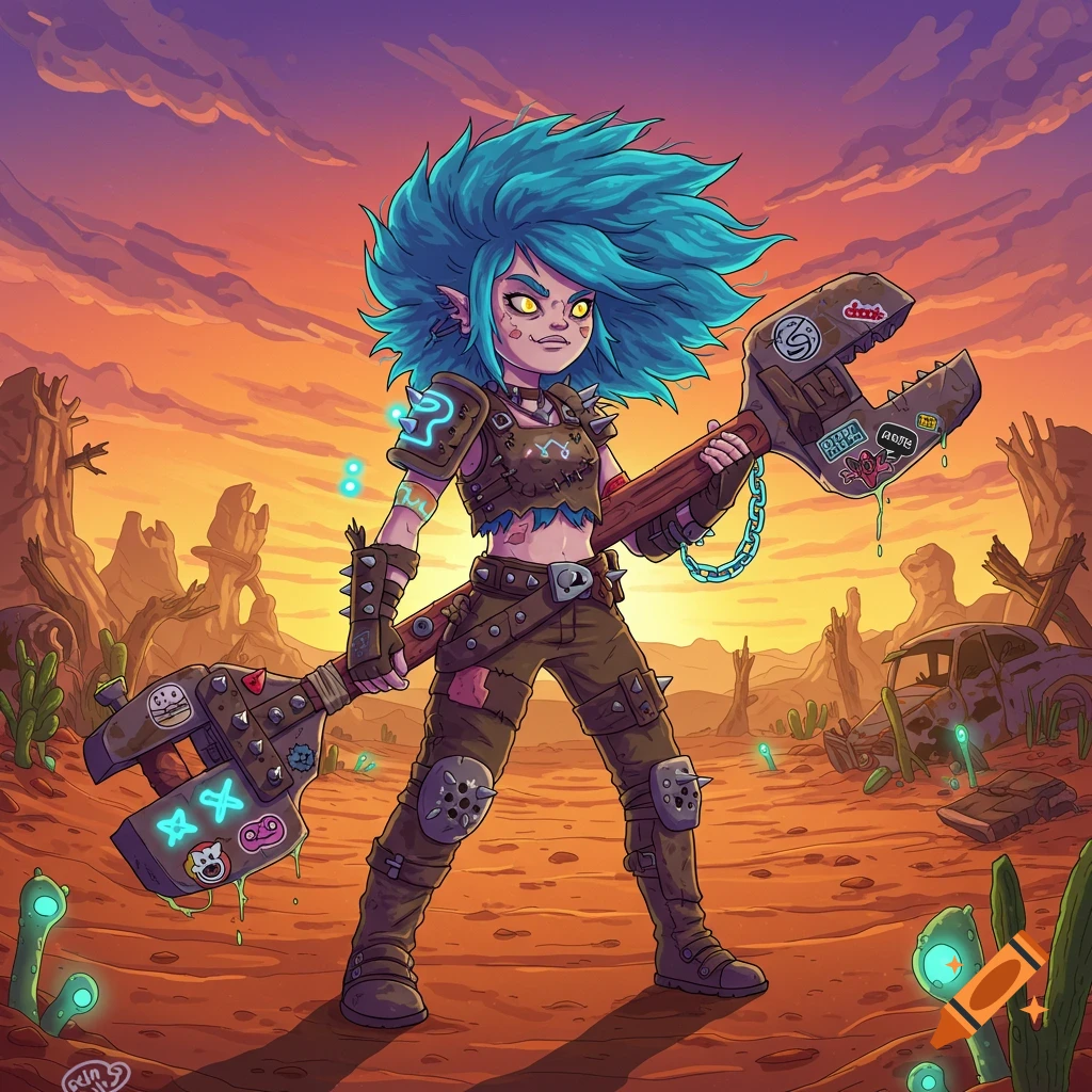 Cartoon post-apocalyptic raider girl with blue spiky hair, holding a large wrench in a desert landscape at sunset, in the style of Adventure Time.