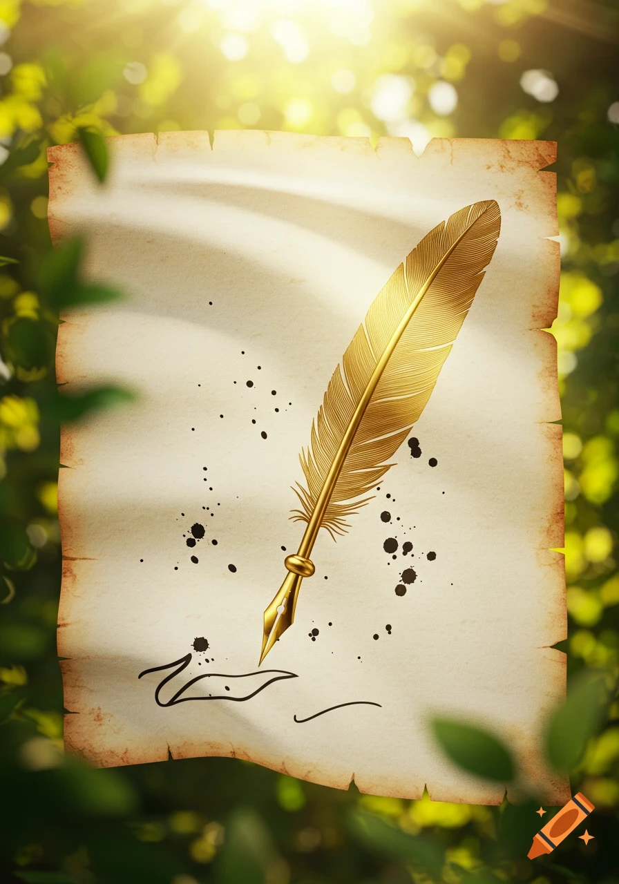 A golden quill poised over an old parchment with ink splatters and scribbles, surrounded by green foliage and sunlight.