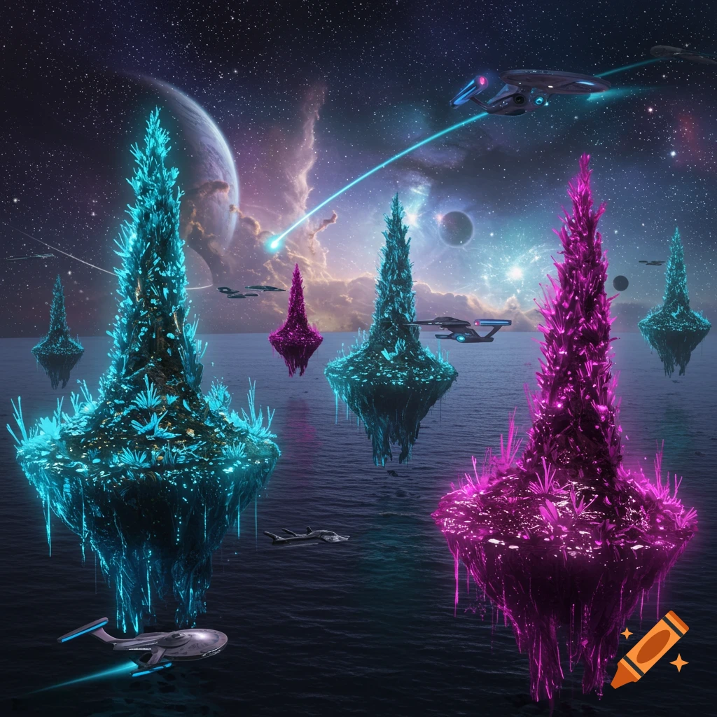 Futuristic spaceships fly over an alien ocean with large, glowing crystal islands under a starry, cosmic sky.