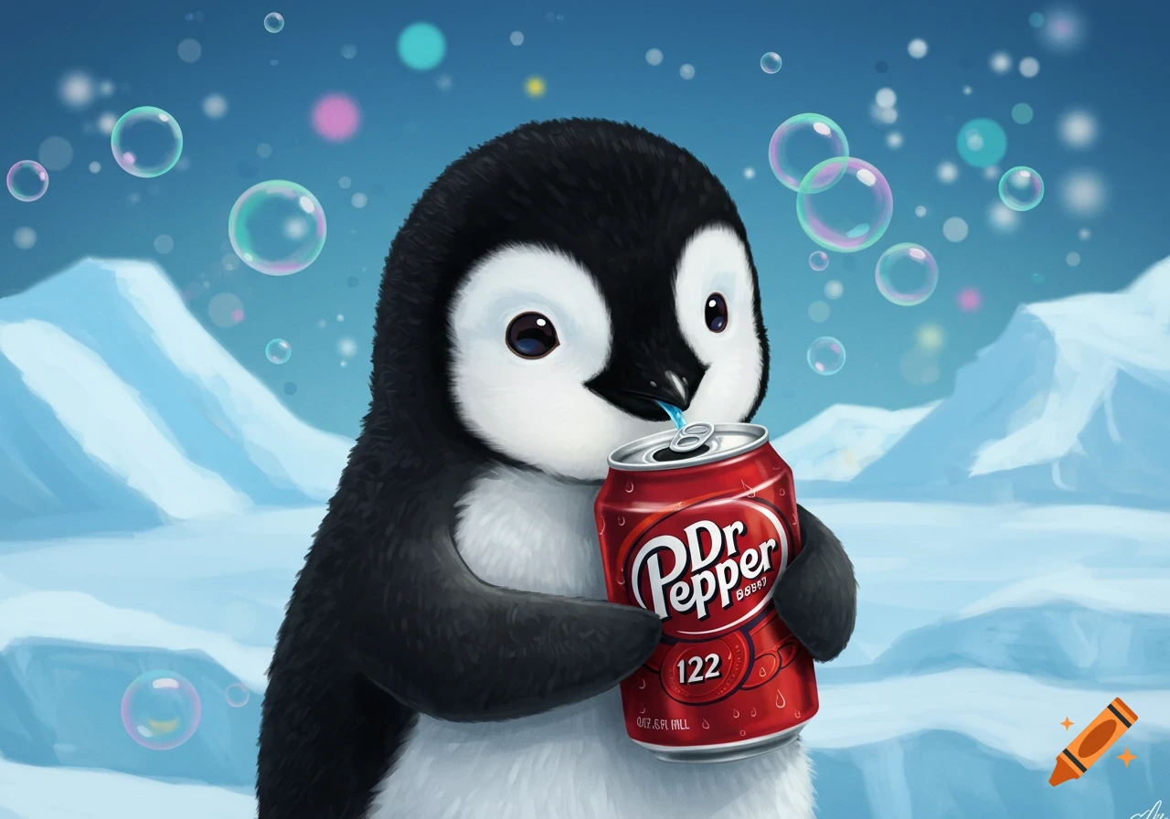 A cute cartoon penguin sips from a red Dr. Pepper can while standing in a snowy landscape with colorful bubbles floating in the air.