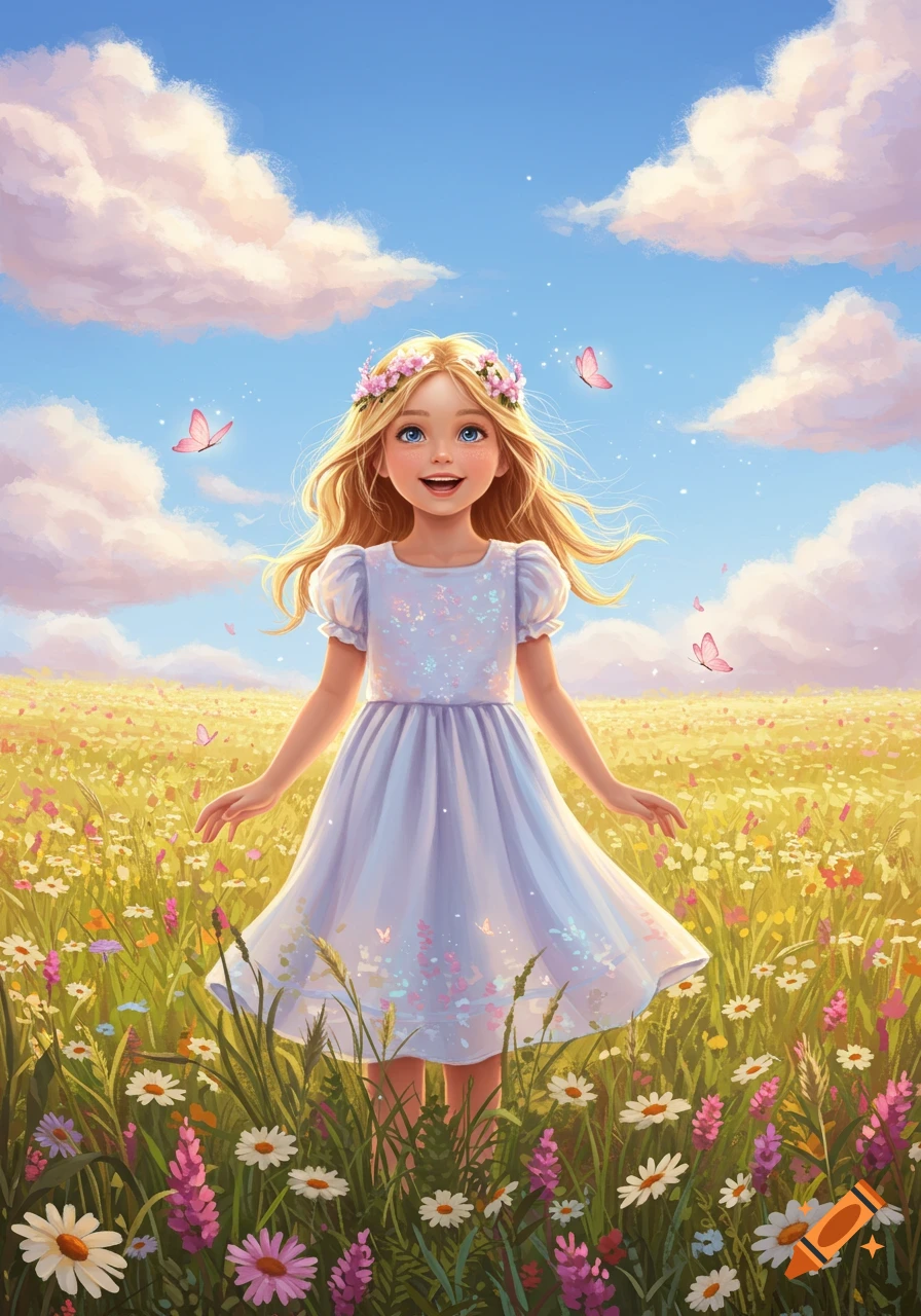 A happy blonde girl in a flower crown and light purple dress stands in a vibrant field of wildflowers with butterflies.