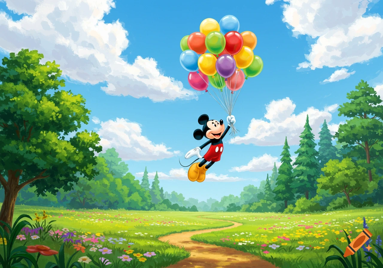Cartoon Mickey Mouse floats in a blue sky, holding colorful balloons above a vibrant green field with trees, flowers, and a winding path.