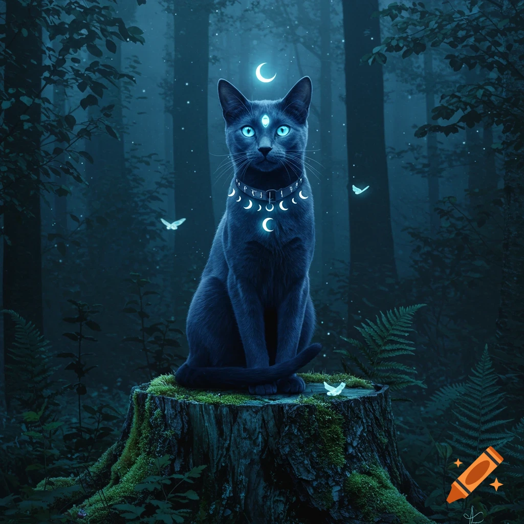 A mystical black cat with glowing blue eyes and a third eye sits on a mossy tree stump in a dark forest, surrounded by glowing crescent moons and butterflies.