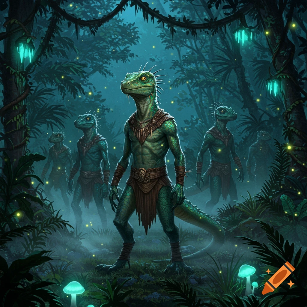 Green reptilian humanoids stand in a mystical, glowing jungle at night, illuminated by bioluminescent plants.