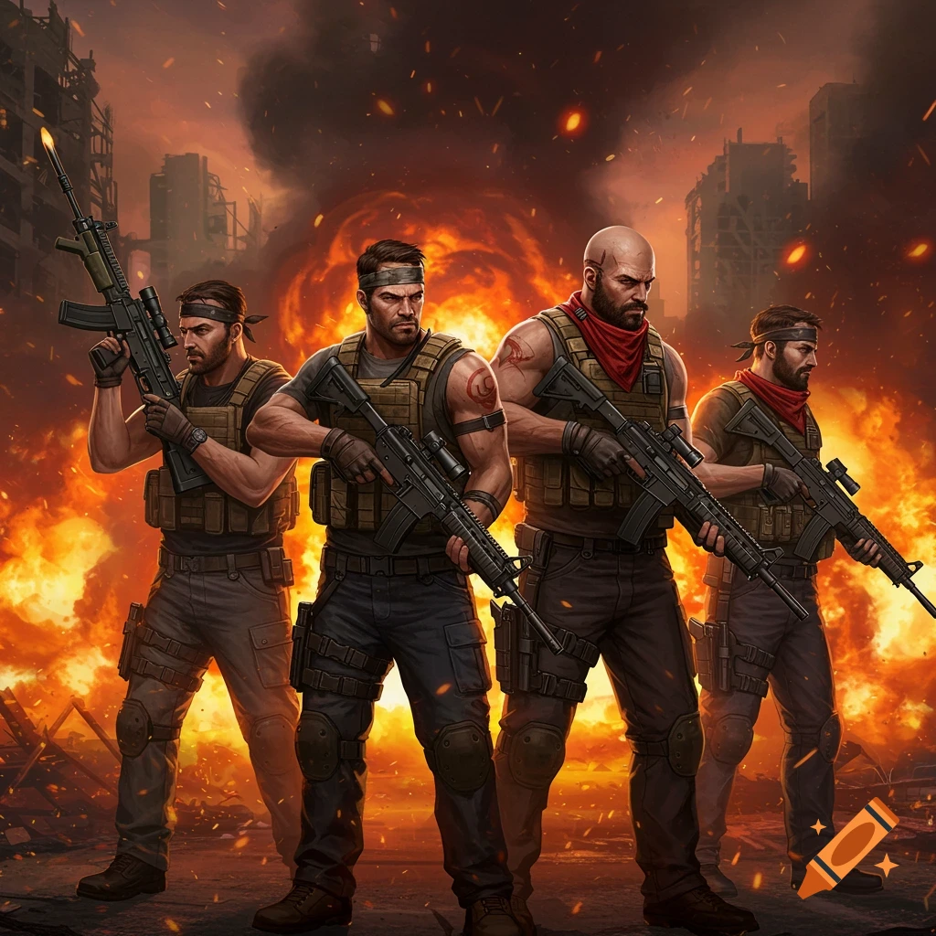 Four heavily armed men in tactical gear stand in a ruined city with large explosions and fire in the background. One man is bald with a beard, and the other three wear bandanas.