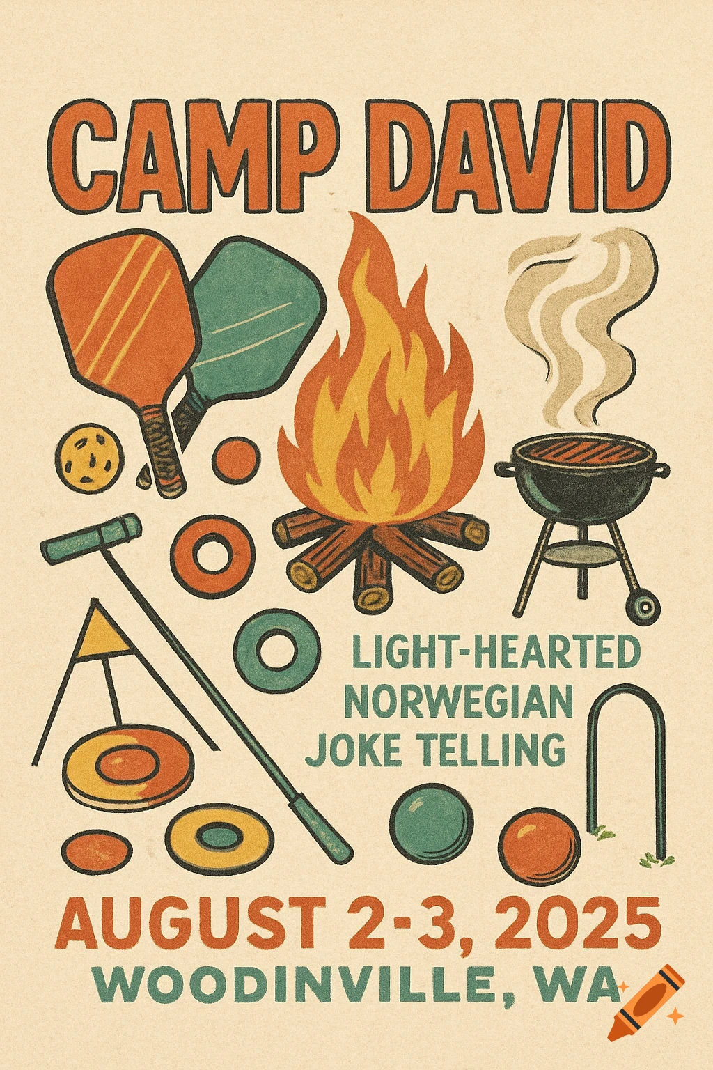 Vintage-style poster for 'Camp David' with illustrations of camping, pickleball, bonfire, BBQ, and event dates.