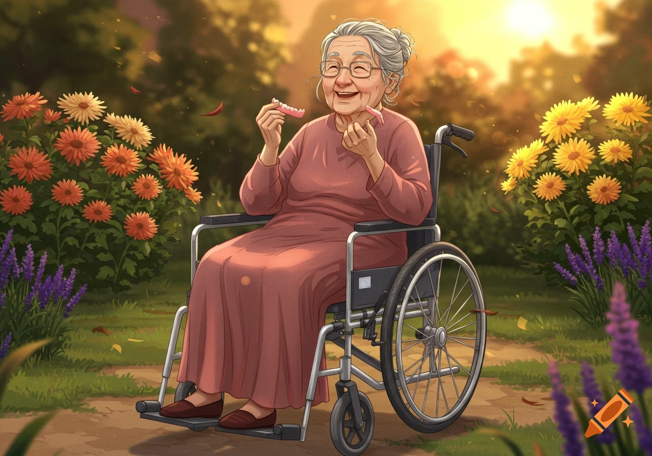 An elderly woman in a wheelchair smiles while holding her dentures in a sunny garden filled with flowers.