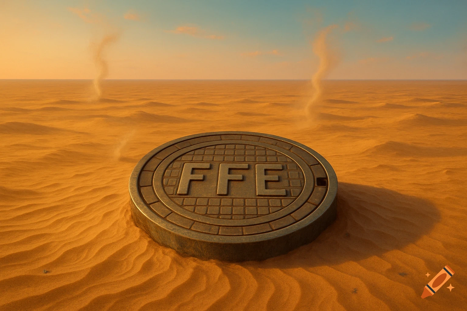 A metal manhole cover with "FFE" in a vast, golden desert with sand dunes and dust devils under a clear sky.