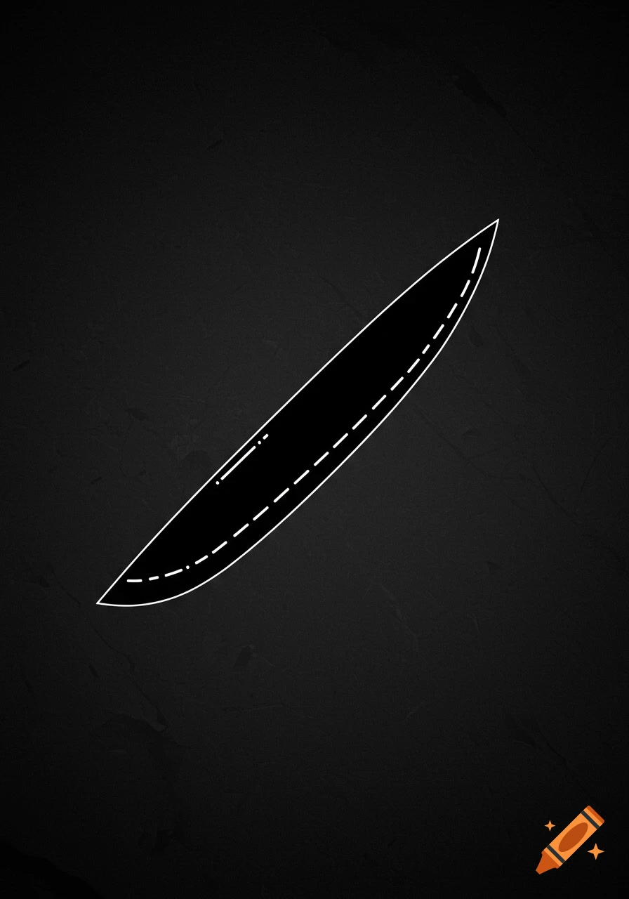 Black silhouette of a knife blade with white dashed lines and a white outline against a dark textured background.