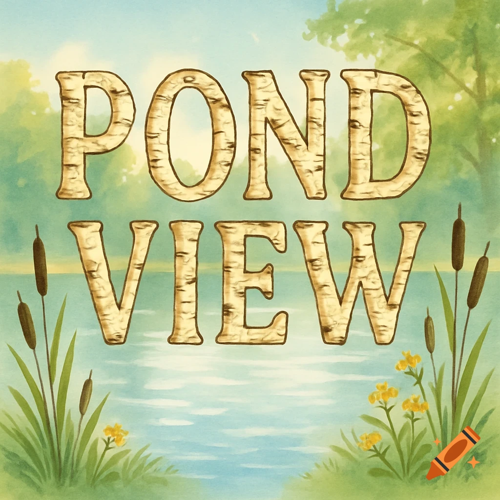 Stylized illustration of the words 'POND VIEW' in birch bark texture, above a calm pond with cattails, reeds, and yellow flowers.