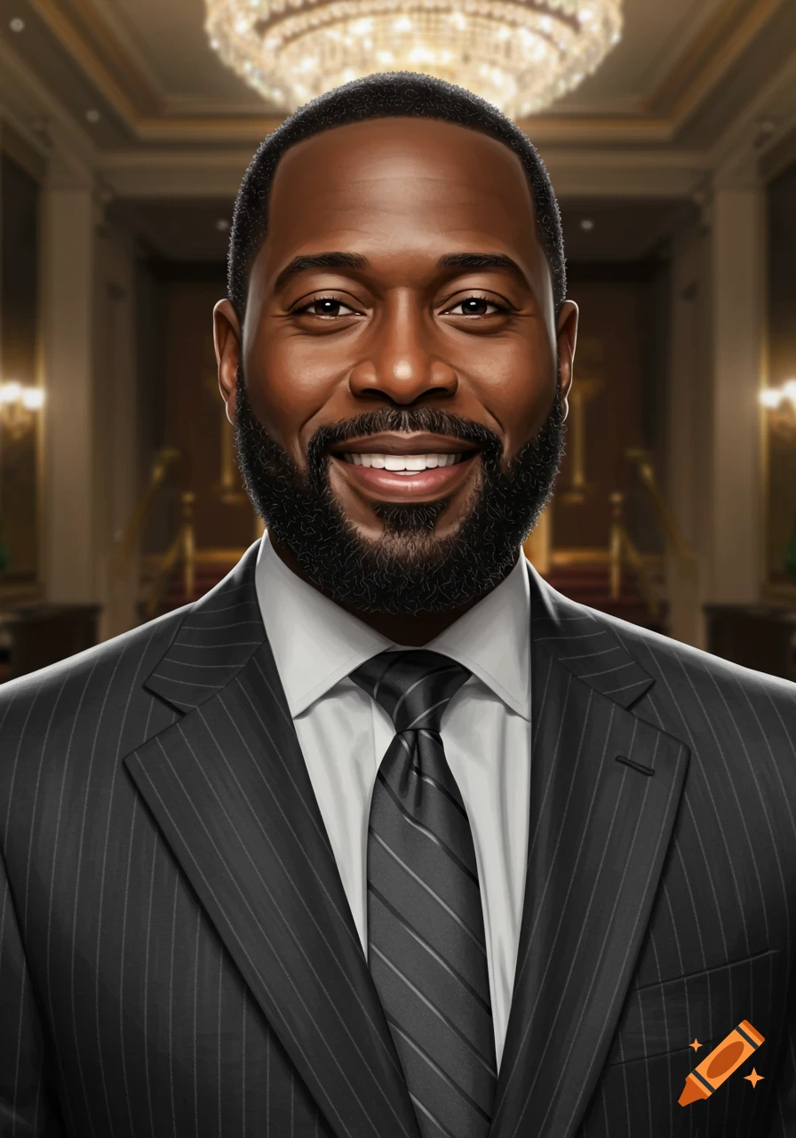 A photorealistic portrait of a smiling Black man in a pinstripe suit and tie, set in a luxurious indoor space.