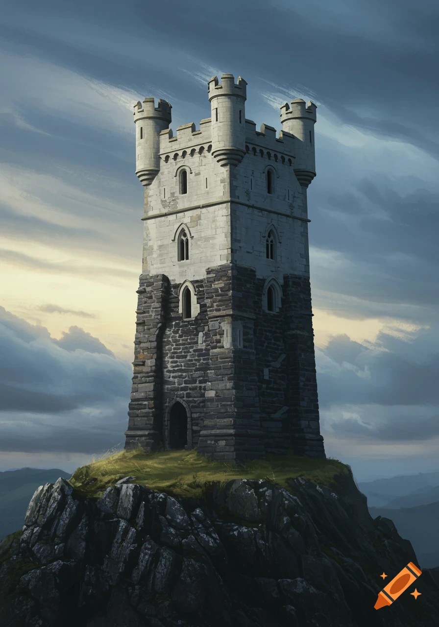 A tall stone towerhouse with turrets sits atop a rocky, grassy hill under a dramatic cloudy sky.