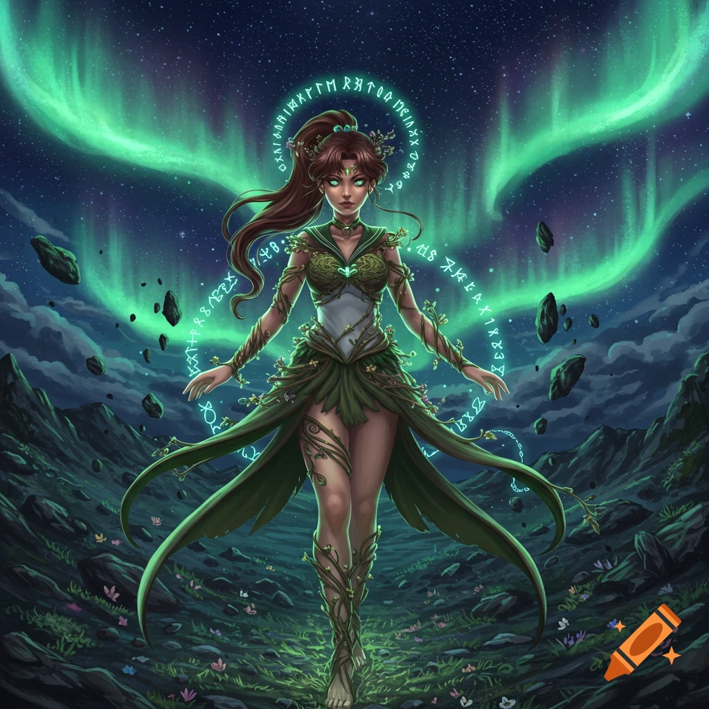 A brown-haired woman resembling Sailor Jupiter in a green druidic outfit stands in a rocky landscape under a vibrant green aurora with floating rocks and glowing runes.