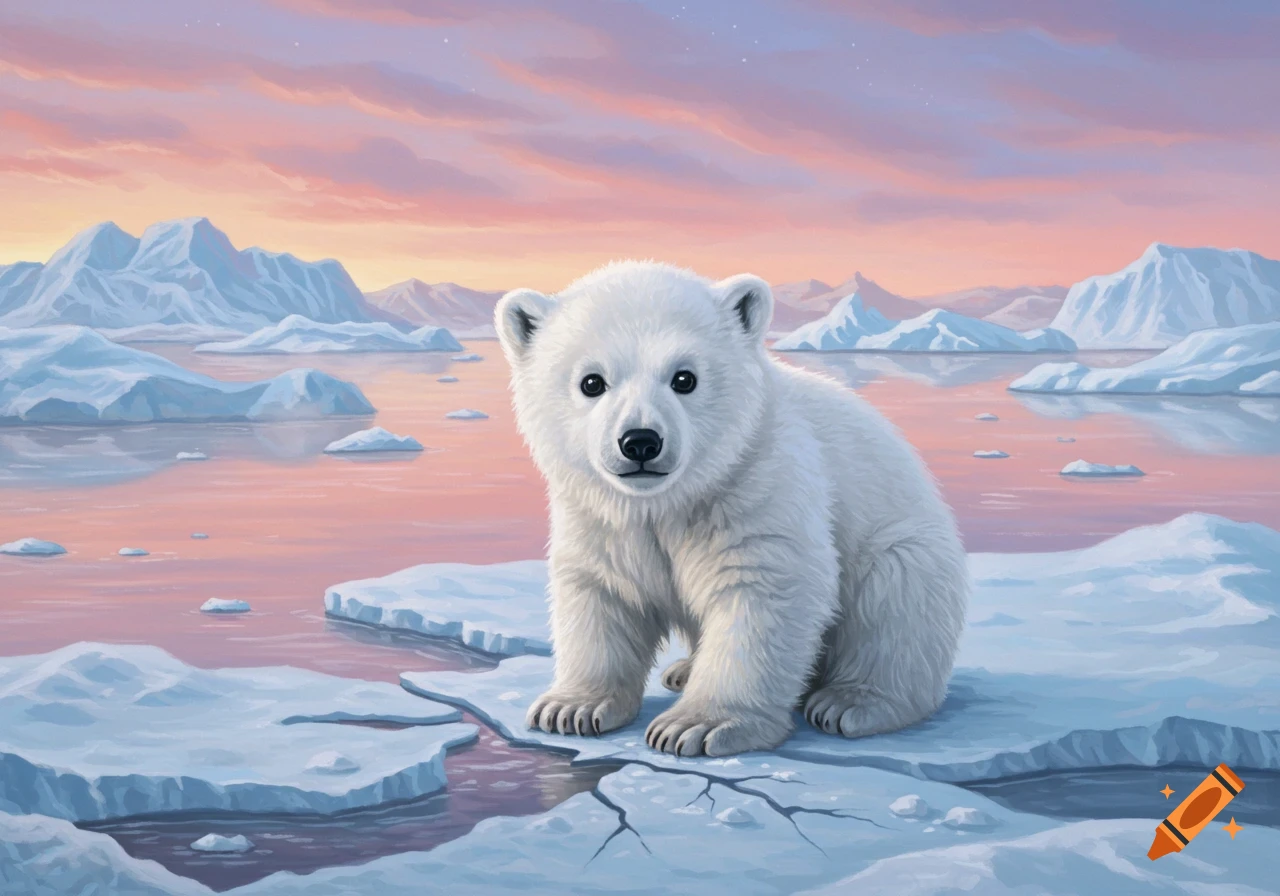A cute polar bear cub sits on an ice floe in an arctic landscape under a pink and orange sunset sky.