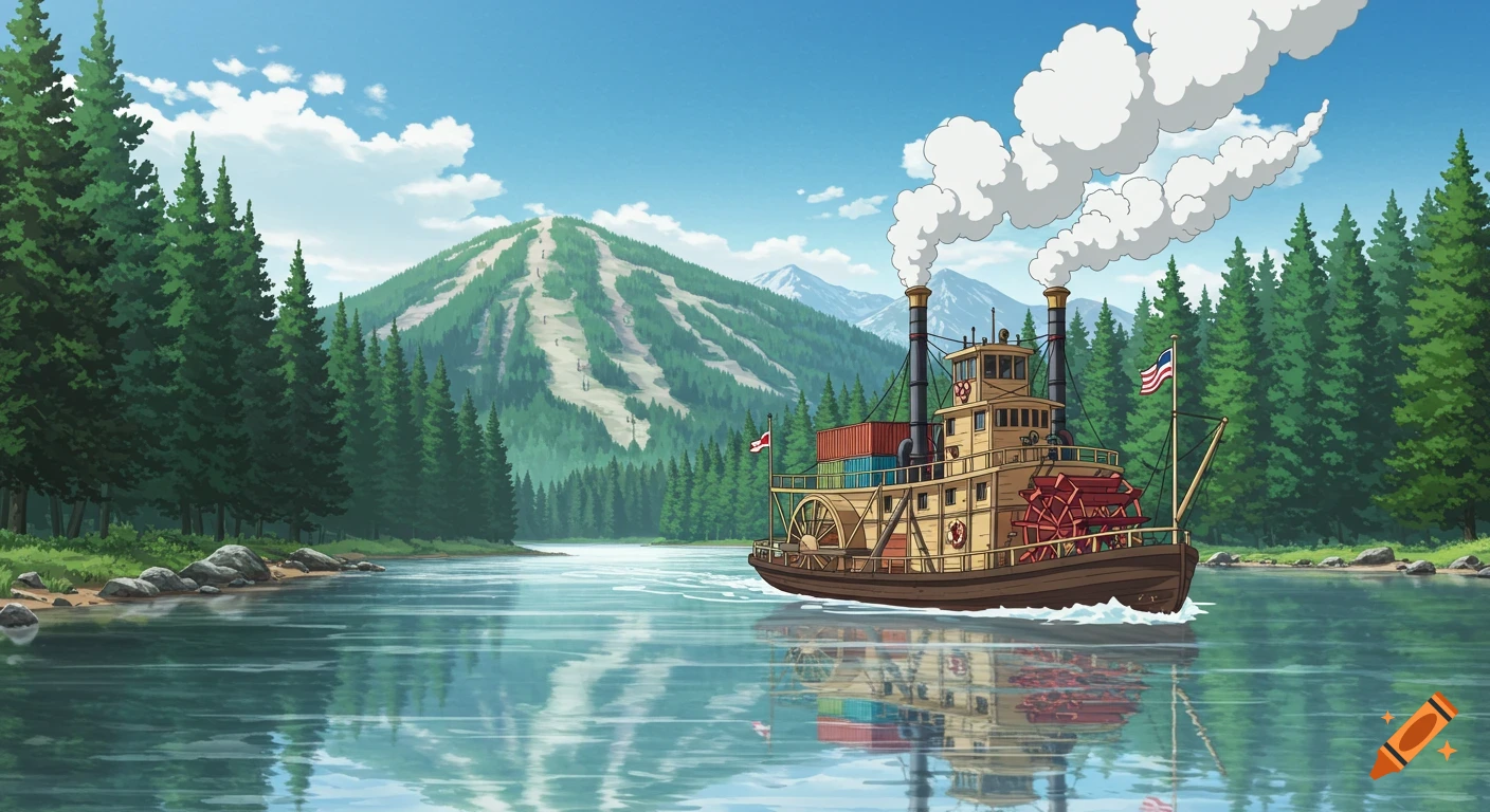 An anime-style paddle steamer with shipping containers cruises on a river surrounded by pine trees, with a distant ski area on a mountain.