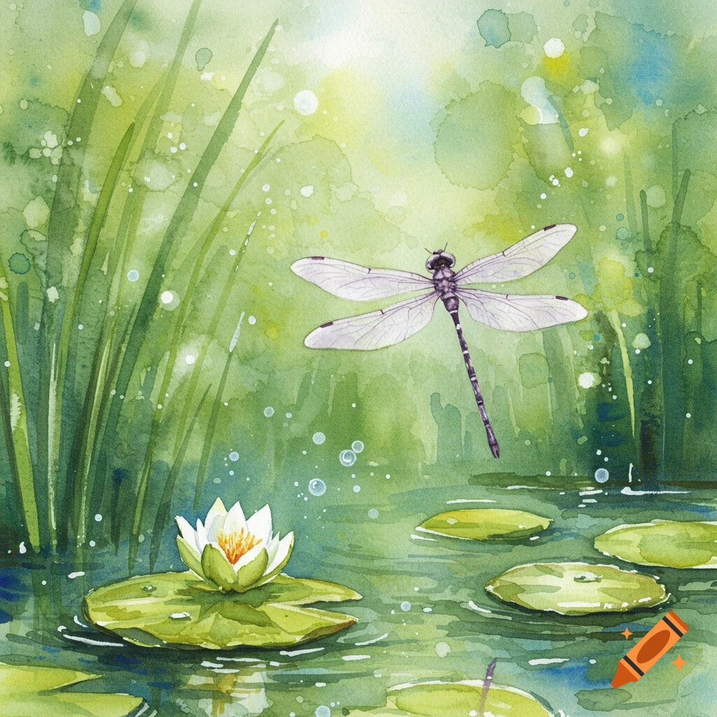 A watercolor painting of a dragonfly hovering over a white water lily and lily pads in a green pond.