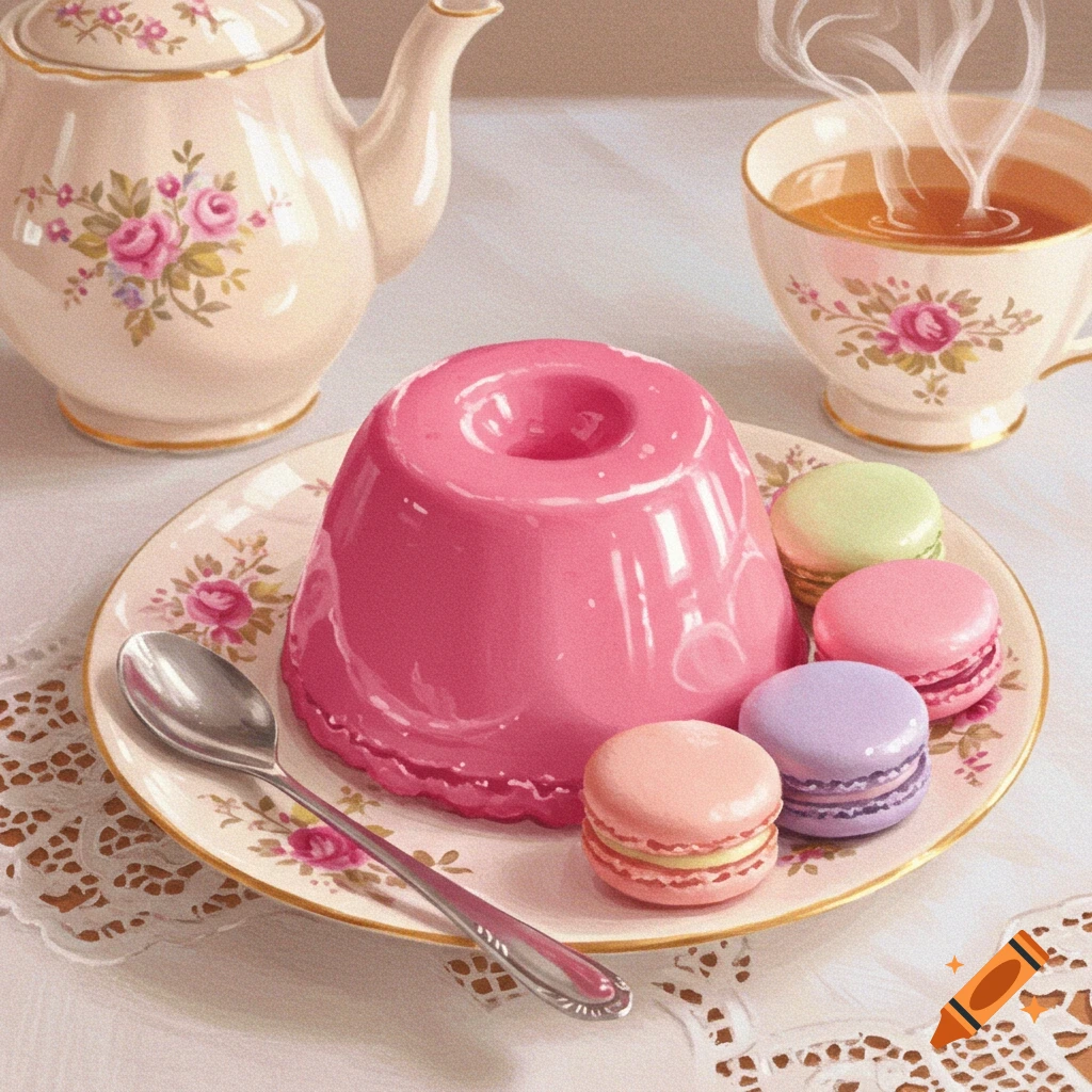 A vibrant pink pudding, several colorful macarons, a floral teapot, and a steaming teacup arranged on a delicate lace tablecloth.