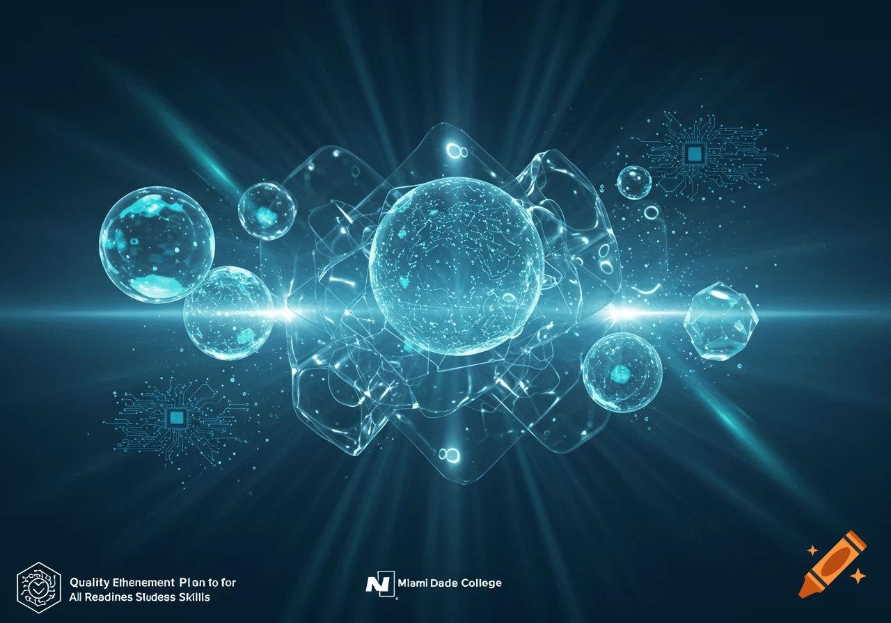 Abstract digital illustration featuring glowing blue spheres and transparent crystalline structures with integrated circuit patterns on a dark background.