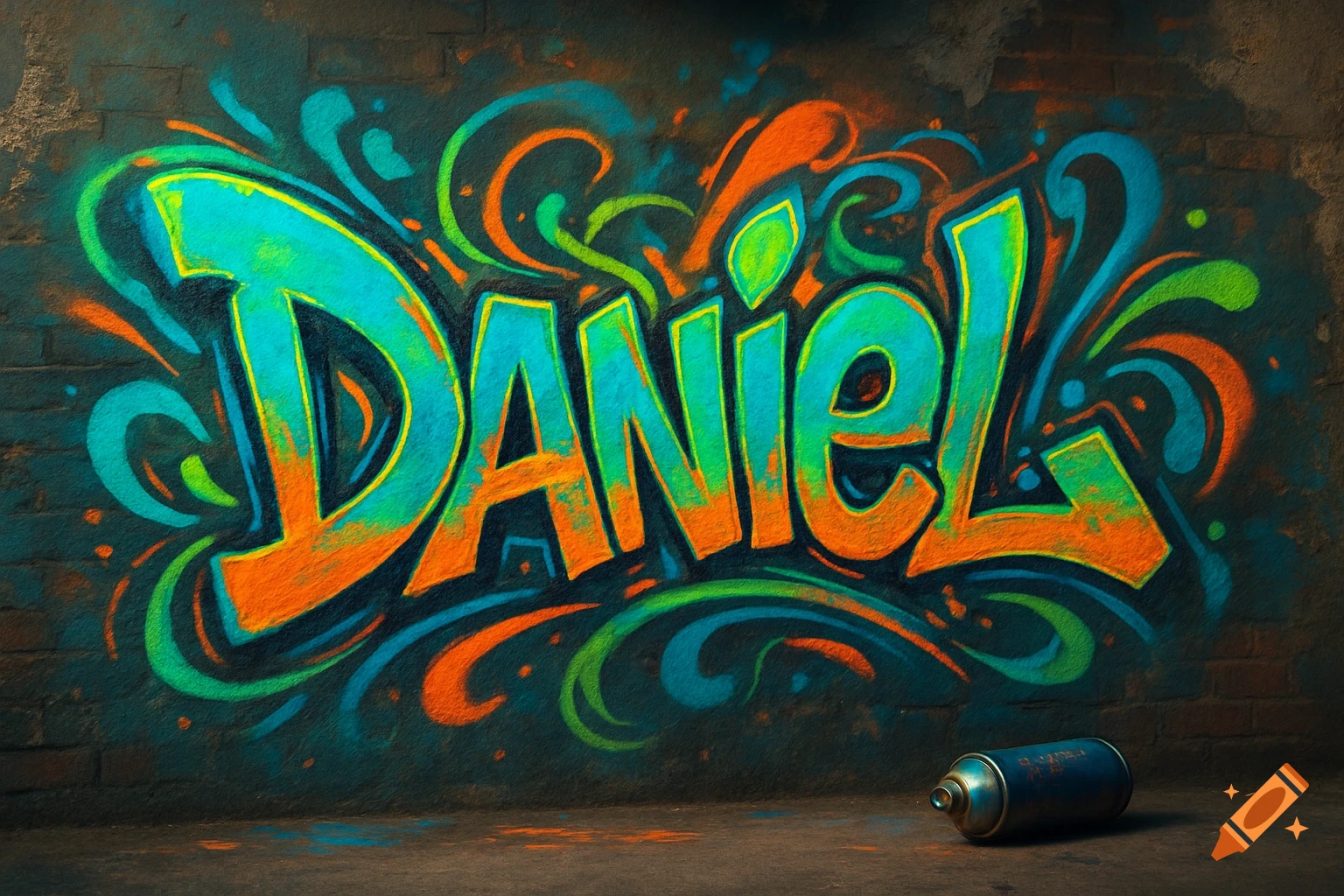 Vibrant graffiti spelling 'Daniel' in teal, orange, and green on a dark, textured wall, with a spray can on the ground.