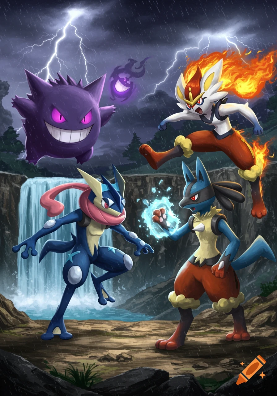 Gengar, Cinderace, Greninja, and Lucario battle fiercely in a stormy, lightning-filled landscape with a waterfall.