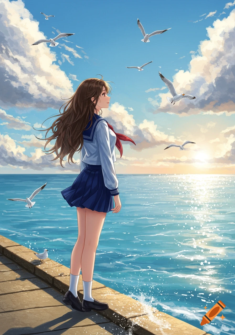 An anime girl with long brown hair in a sailor uniform stands by the sea under a blue sky with seagulls flying.