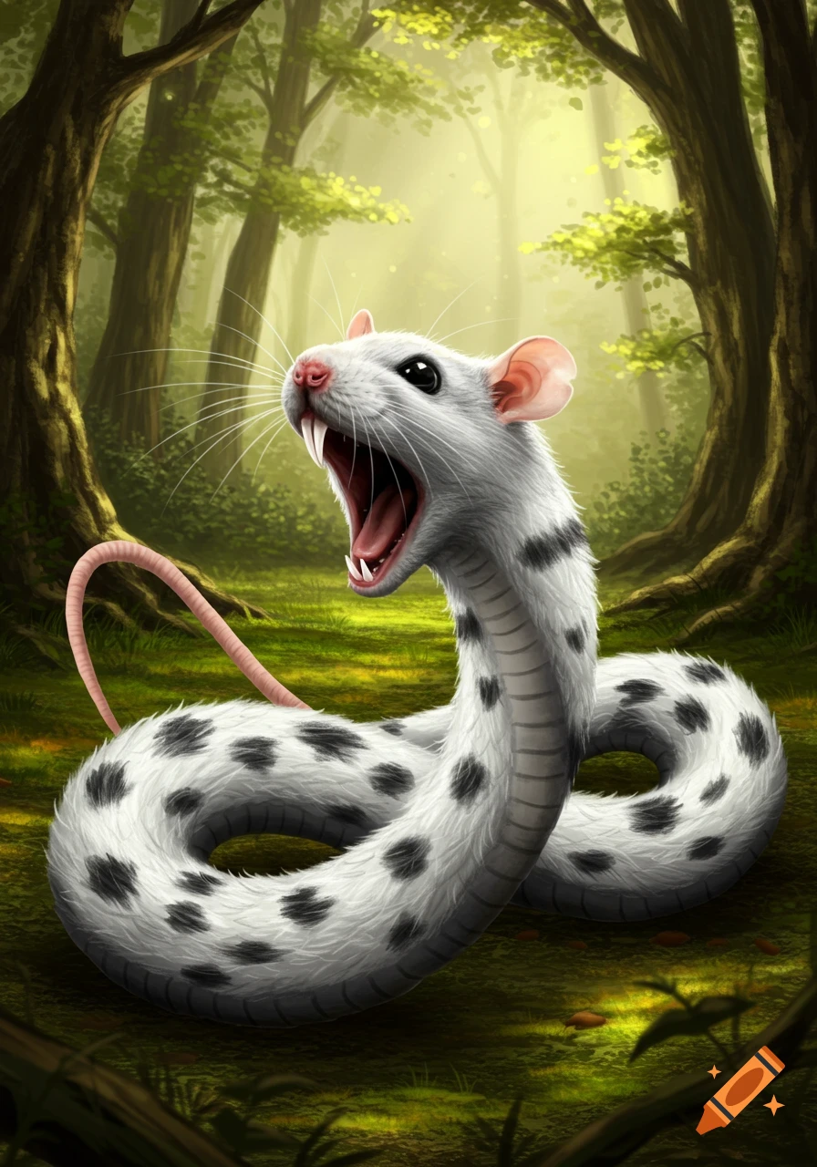 A white furry rat-headed snake with black patches and a rat tail yawns in a forest.