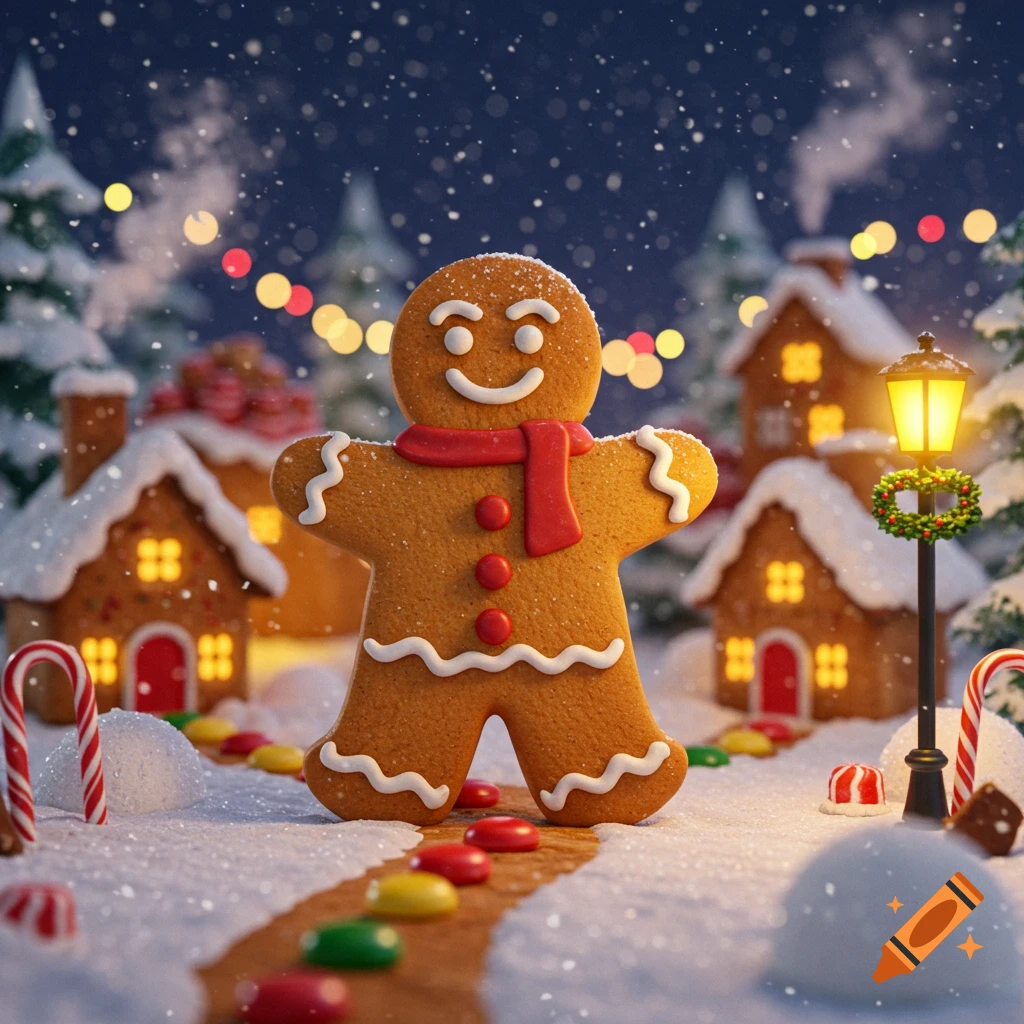 A smiling gingerbread person stands on a candy path in a snowy village with gingerbread houses and festive lights at night.