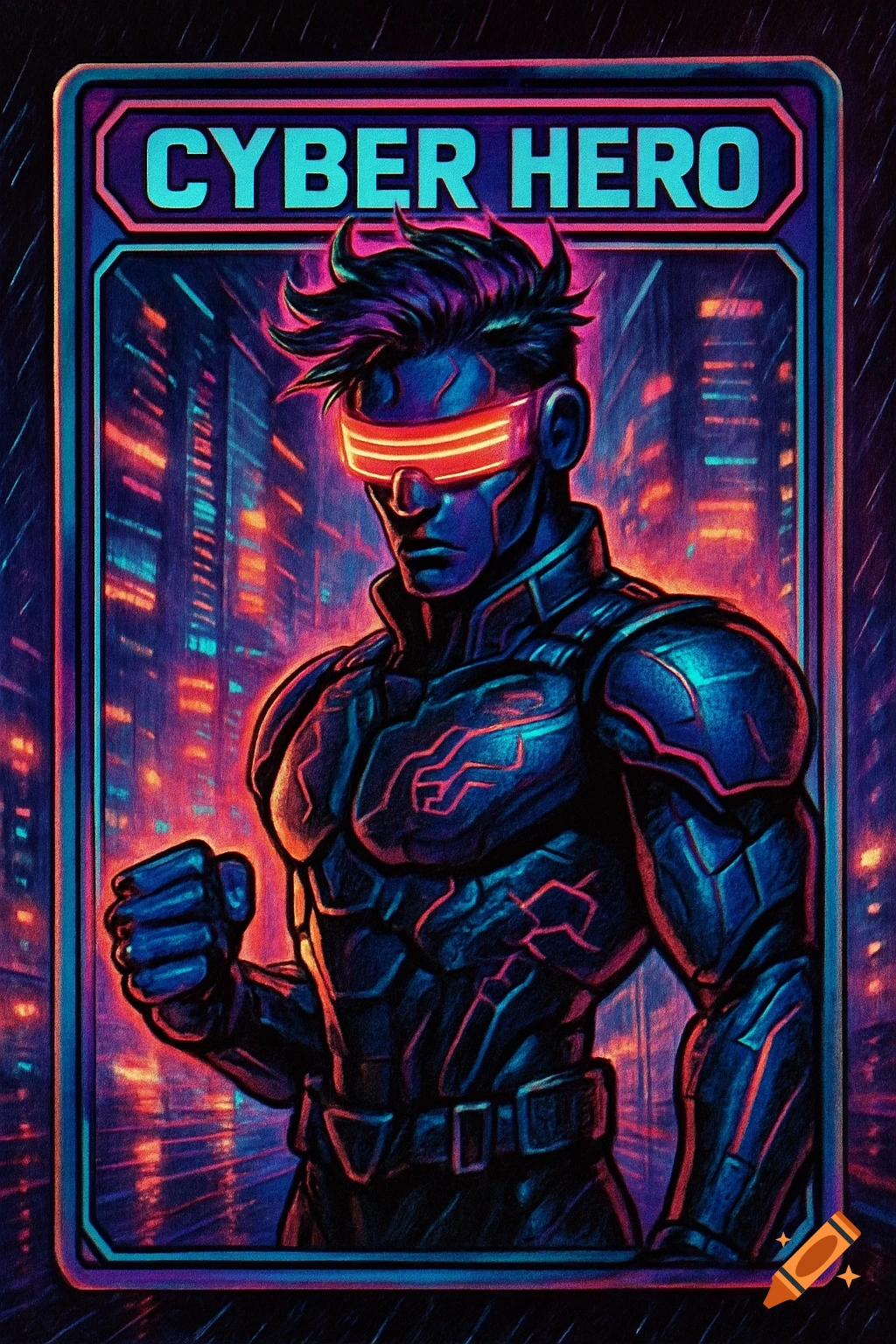 A stylized cyberpunk trading card featuring a muscular character with a glowing visor in a neon cityscape, titled 'CYBER HERO'.