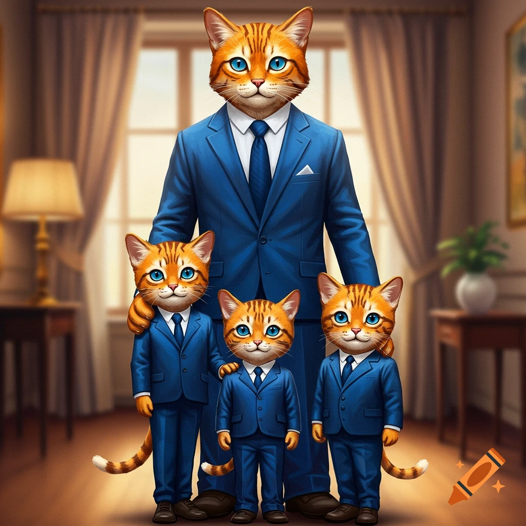 An anthropomorphic ginger cat father in a blue suit stands with three smaller ginger cat children in matching blue suits in a formal room.