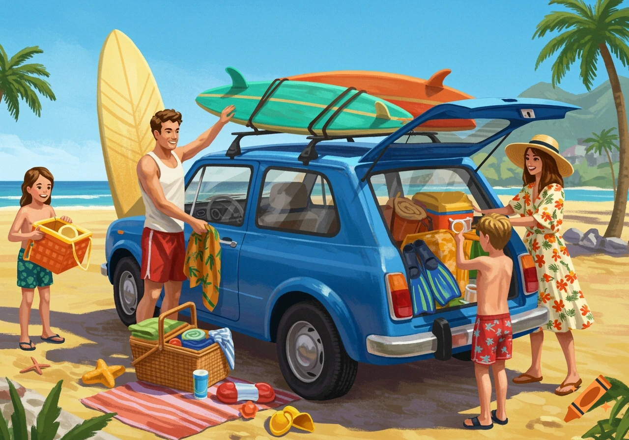 A family packs their blue car with surfboards and beach gear on a sunny sandy beach, illustrated in a vibrant cartoon style.
