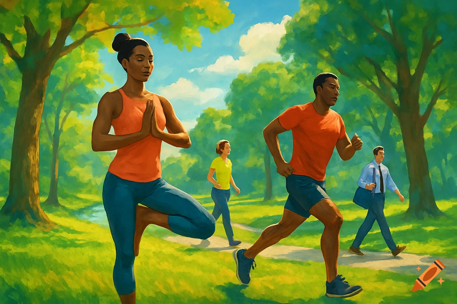 A vibrant, painterly scene of people exercising in a sunny park: a woman doing yoga, a man running, and others walking.