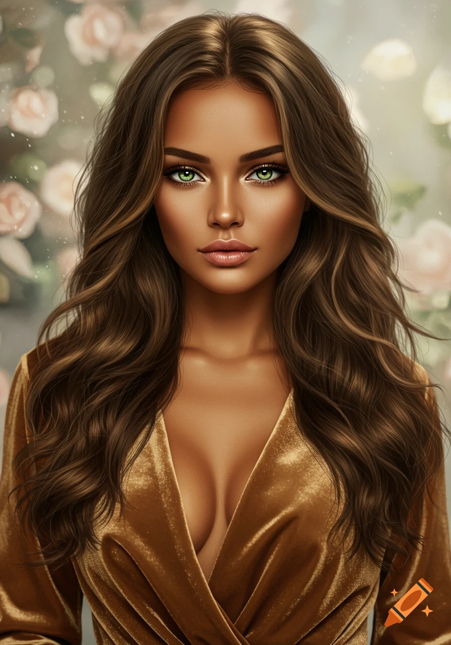 Stylized portrait of a young woman with long wavy brown hair, green eyes, and olive skin, in a golden velvet dress, with a floral background.