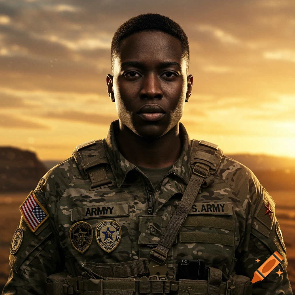 A close-up, photorealistic portrait of a person in military fatigues with an American flag patch, set against a sunset sky.