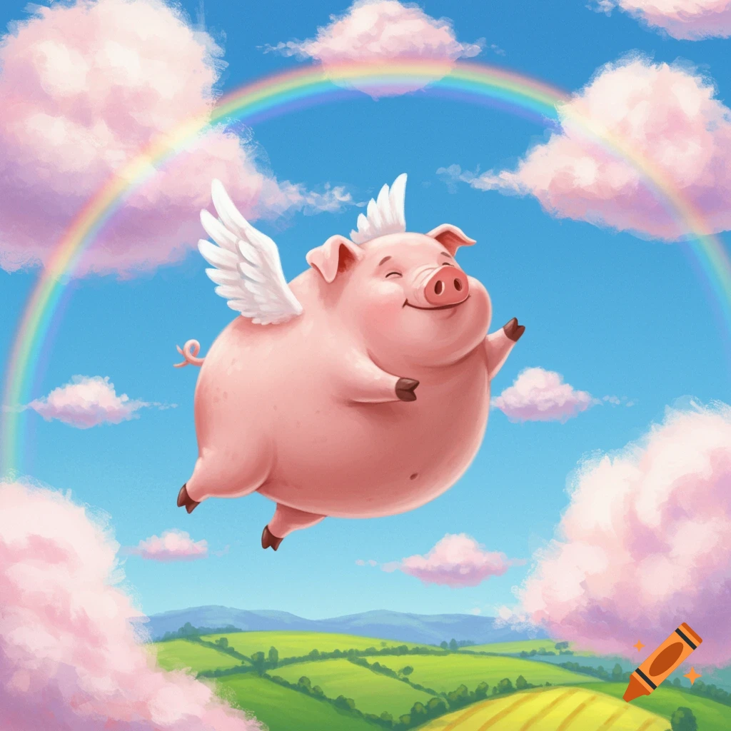 A cute, happy, cartoon pig with small white wings flies through a bright blue sky with pink clouds and a rainbow, above green fields.