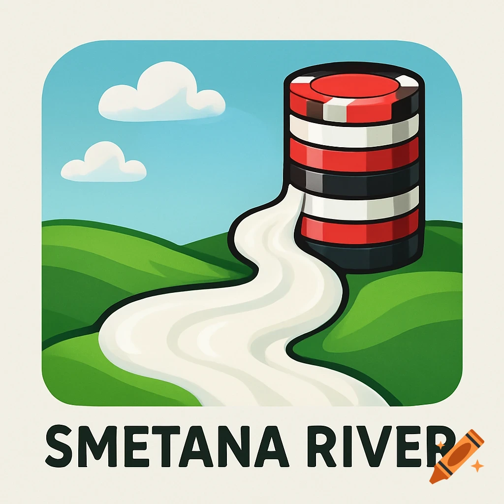 A logo featuring a stack of poker chips on a green hill with a white river flowing from it under a blue sky. Text reads "SMETANA RIVER".