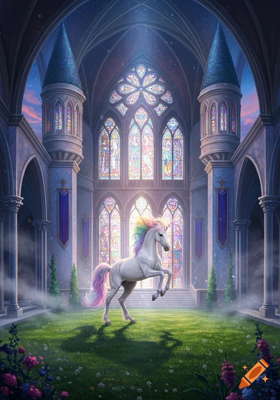 A white unicorn with a rainbow mane and tail rears up on green grass inside a grand, magical cathedral with large, colorful stained glass windows.